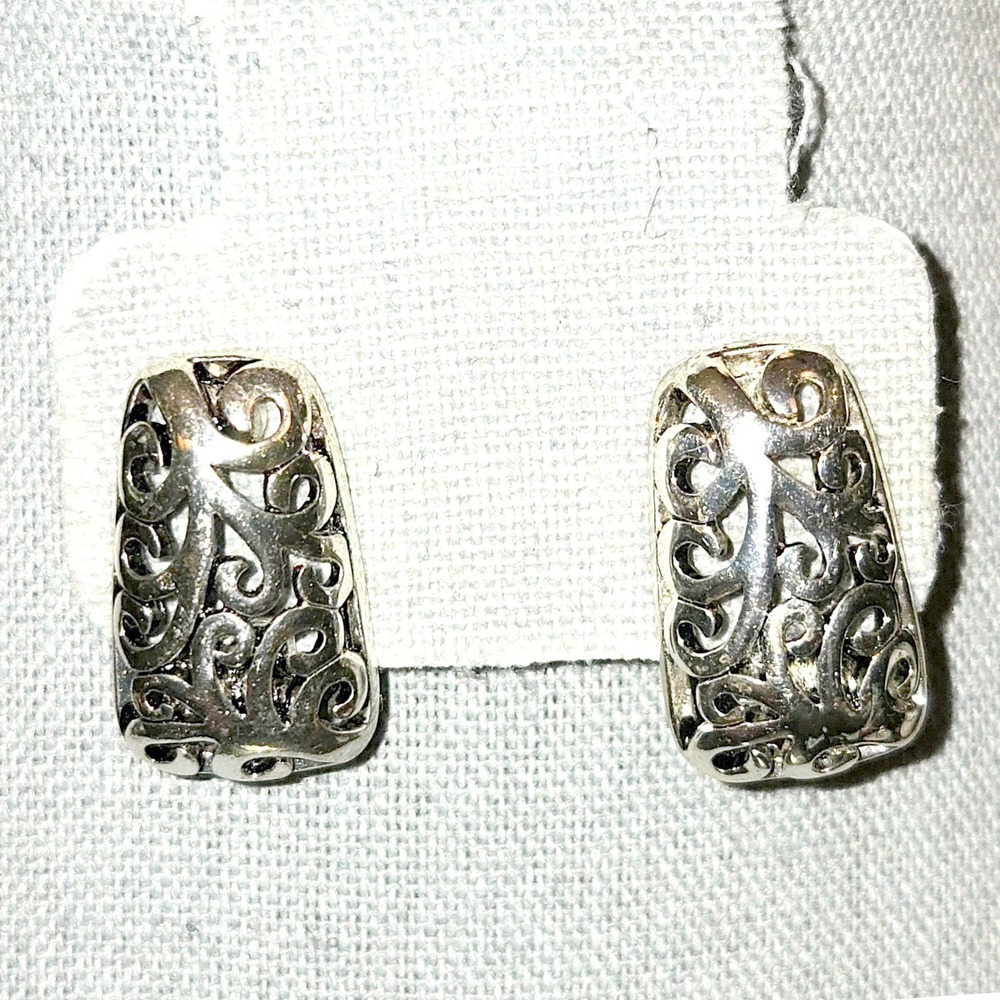 Hannah Clip On Earrings Womens 1"X0.5" Silver Tone Filigree Scrollwork Ornate